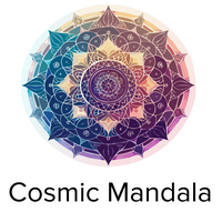 A colorful circular mandala design with intricate geometric and floral patterns in shades of blue, purple, pink, and gold, centered on a white background with the text 'Cosmic Mandala' below.
