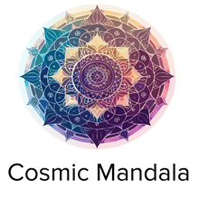 A colorful circular mandala design with intricate geometric and floral patterns in shades of blue, purple, pink, and gold, centered on a white background with the text 'Cosmic Mandala' below.